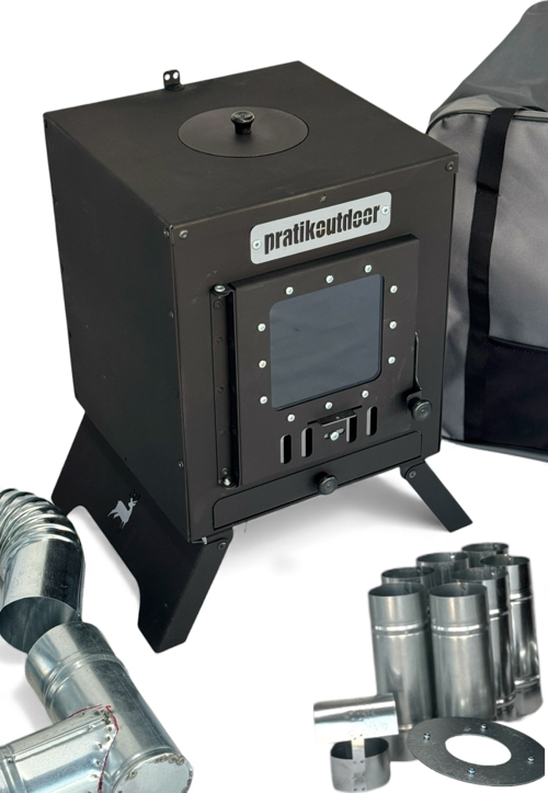 Kare Kamp ve Çadır Sobası – Katlanır Ayaklı, Borulu ve Büyük Camlı Odun Sobası Seti, Taşıma Çantalı