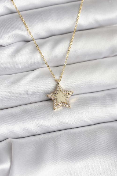 Pirinç Gold Renk Zincirli Yıldızlı Model Kadın Kolye