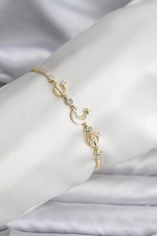 Charmlı Model Zirkon Taşlı Gold Renk Su Yolu Kadın Bileklik
