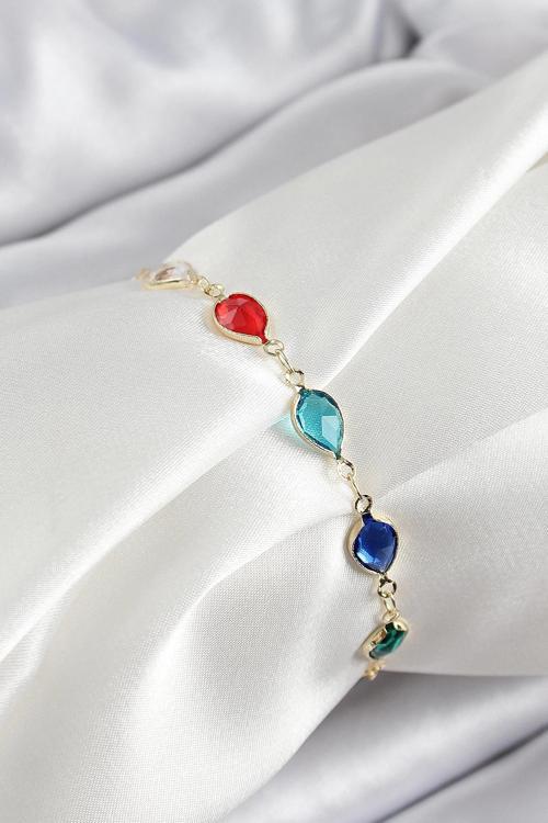 Pirinç Gold Renk Karışık Renk Damla Zirkon Taşlı Kadın Bileklik