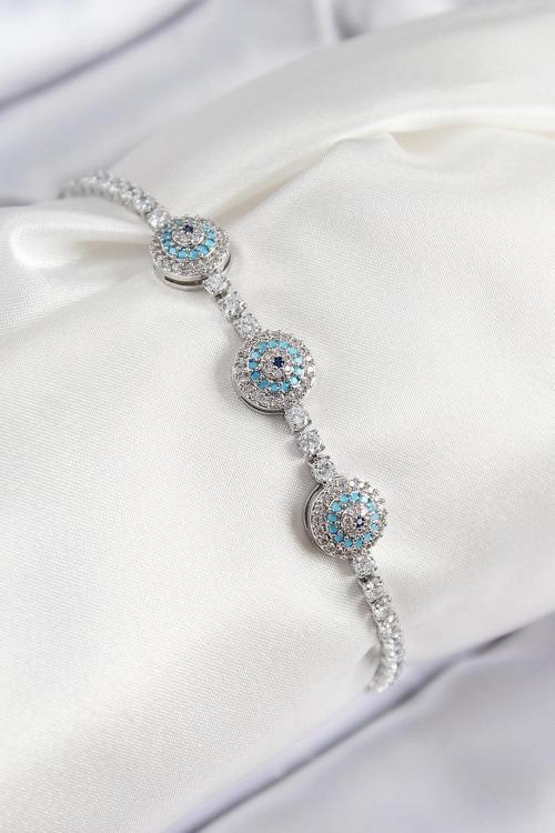 Pirinç Zirkon Taşlı Nazar Model Gümüş Renk Kadın Bileklik