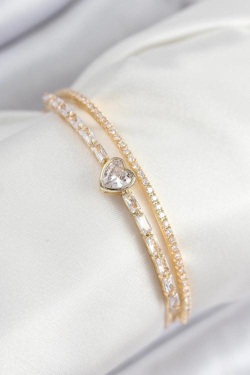 Pirinç Zirkon Taşlı Kalp Model Gold Renk Kadın Bileklik