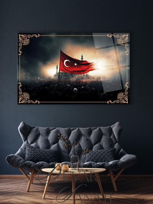Dalgalanan Türk Bayrağı Ve Cami Cam Tablo , Modern Ev Ofis Salon Duvar Dekoru Büyük Tablo ,Hediyelik
