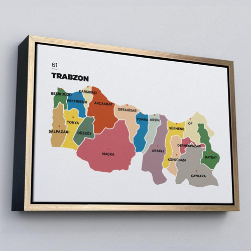 Çerçeveli Trabzon İli Ve İlçeler Haritası Dekoratif Kanvas Tablo-1470