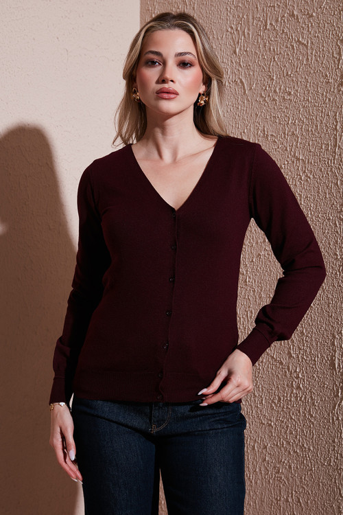 Regular Fit V Yaka Düğmeli Bayan Hırka 25K0781K1 BORDO