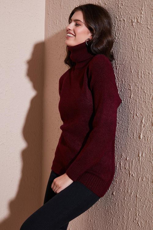 Balıkçı Yaka Örme Uzun Bayan Kazak 4615018Y BORDO