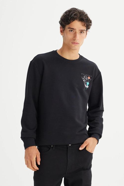 Pamuklu Regular Fit Baskılı Bisiklet Yaka Erkek Sweat L2520361 001 SİYAH