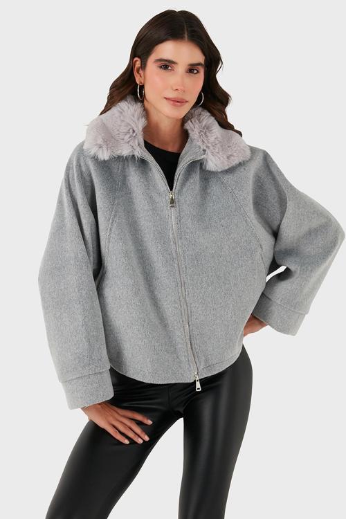 Pamuk Karışımlı Oversize Kürklü Yaka Yarasa Kol Kışa Kaşe Bayan Mont 6839660 GRİ