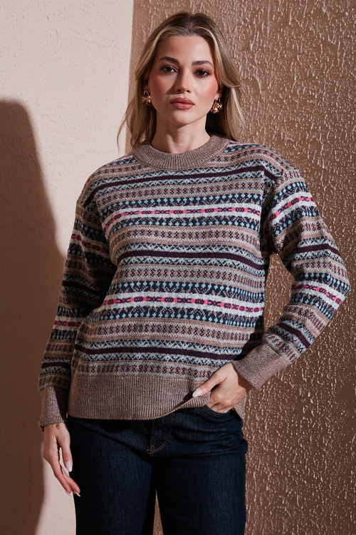 Regular Fit Desenli Bisiklet Yaka Bayan Kazak 25K0092K1 VİZON