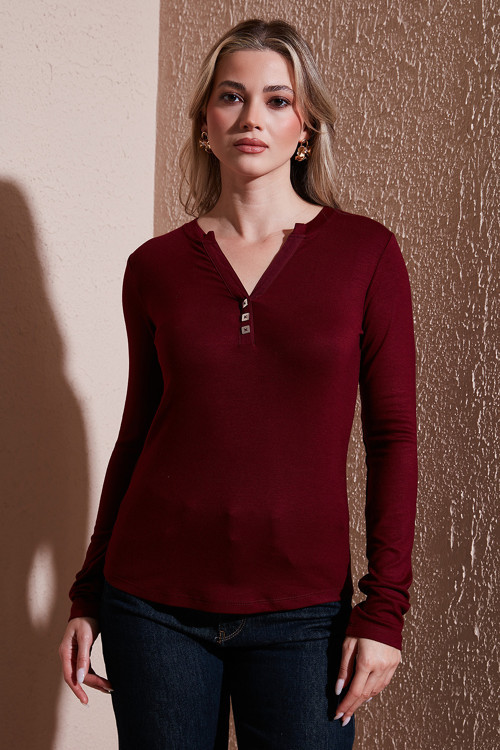 Slim Fit Düğme Detaylı V Yaka Bayan T Shirt 25K0136K1 BORDO