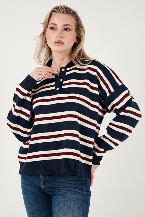 Çizgili Oversize Fit Düğmeli Bayan Polo Yaka Kazak 4615259 LACİVERT