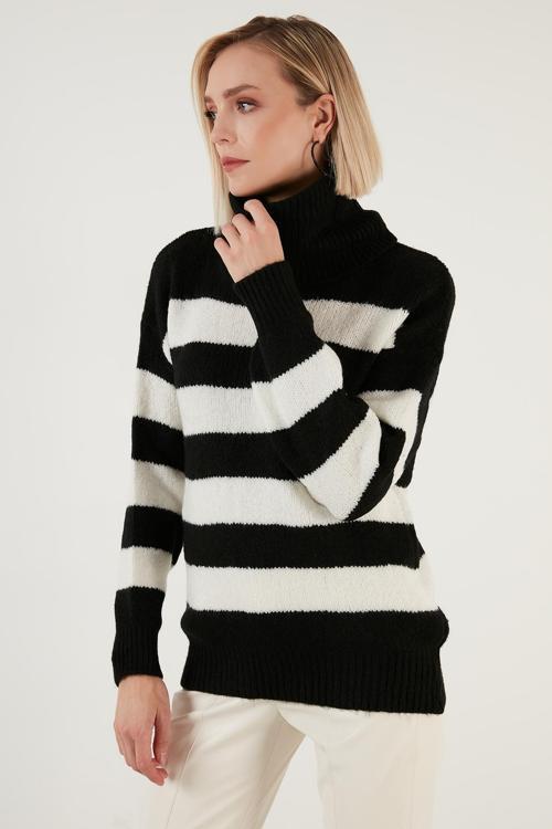 Renk Bloklu Balıkçı Yaka Kalın Kışlık Bayan Kazak 4615017 SİYAH