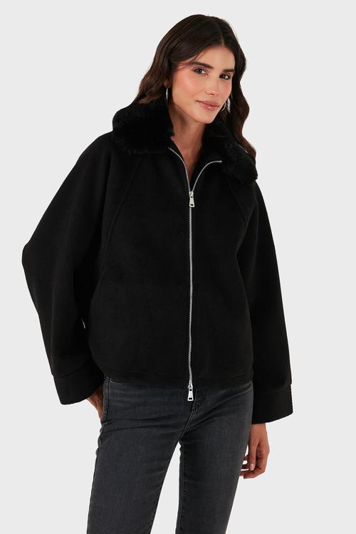 Pamuk Karışımlı Oversize Kürklü Yaka Yarasa Kol Kışa Kaşe Bayan Mont 6839660 SİYAH