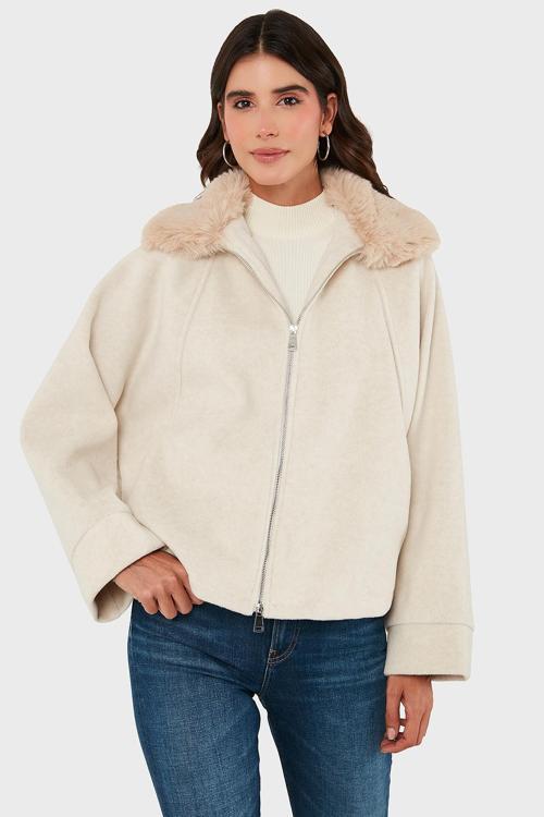 Pamuk Karışımlı Oversize Kürklü Yaka Yarasa Kol Kışa Kaşe Bayan Mont 6839660 TAŞ