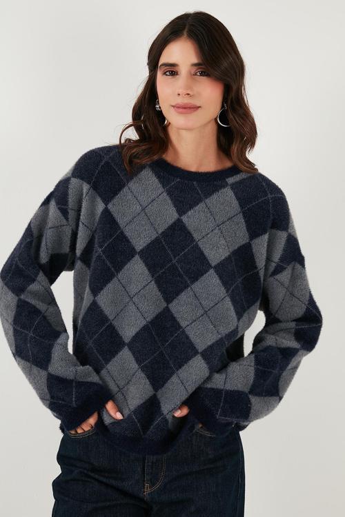 Baklava Desenli Oversize Bisiklet Yaka Yumuşak Dokulu Bayan Kazak 4616262 LACİVERT