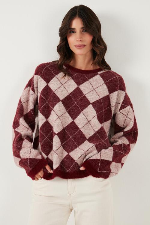 Baklava Desenli Oversize Bisiklet Yaka Yumuşak Dokulu Bayan Kazak 4616262 BORDO