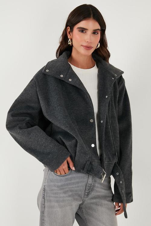 Pamuk Karışımlı Oversize Kemer Detaylı Astarlı Kısa Kaşe Bayan Kaban 6839657 ANTRASİT