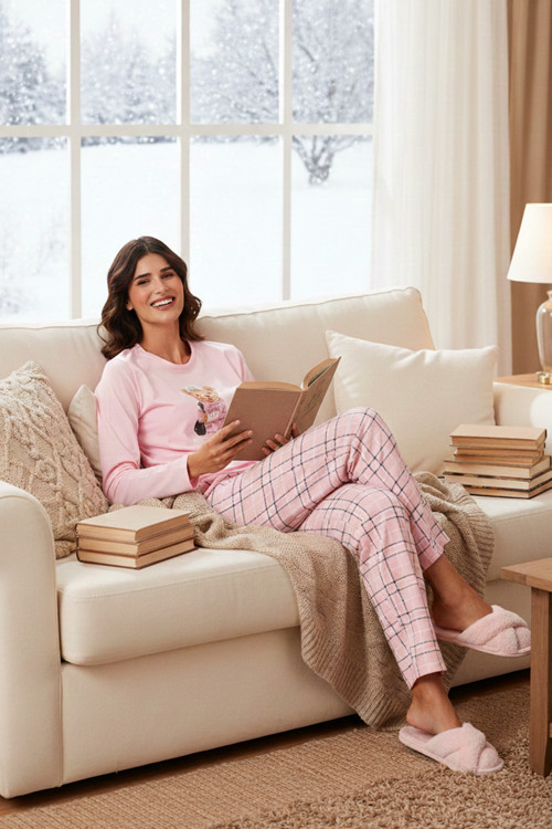 Pamuklu Regular Fit Baskılı Bisiklet Yaka Bayan Pijama Takımı 65723313 PUDRA