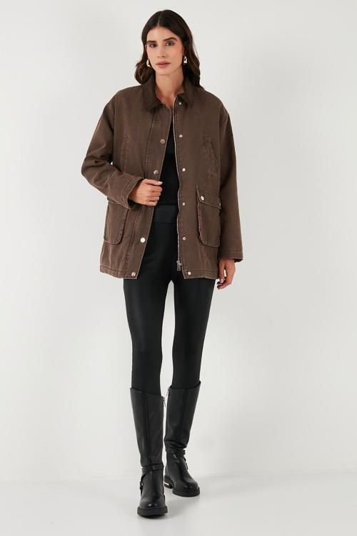 Regular Fit Ceket Yaka Kadife Ekose Astarlı Ceket Bayan Mont 6810330 KAHVE