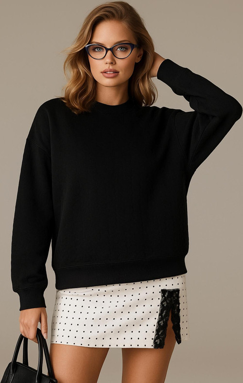 Oversize Fit Bisiklet Yaka Bayan Sweat 25K0141K1 SİYAH
