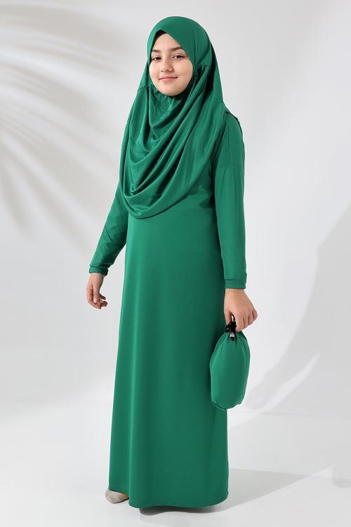 Tek Parça Pratik Başörtülü Çocuk Namaz Elbisesi Yeşil