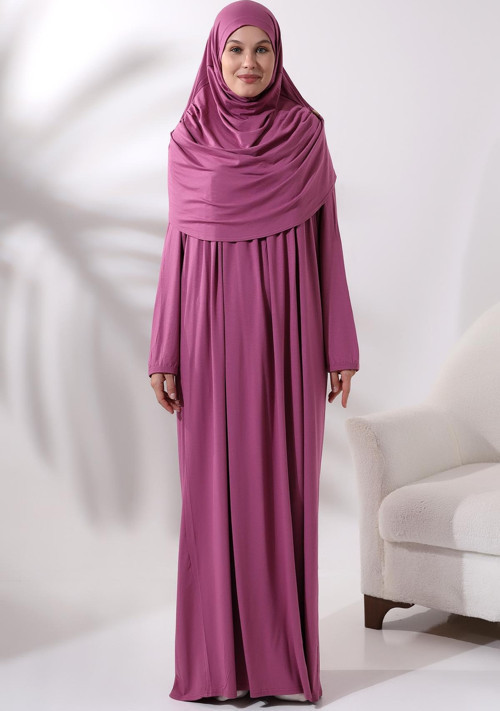 Tek Parça Pratik Başörtülü Robalı Namaz Elbisesi 8015 Pembe