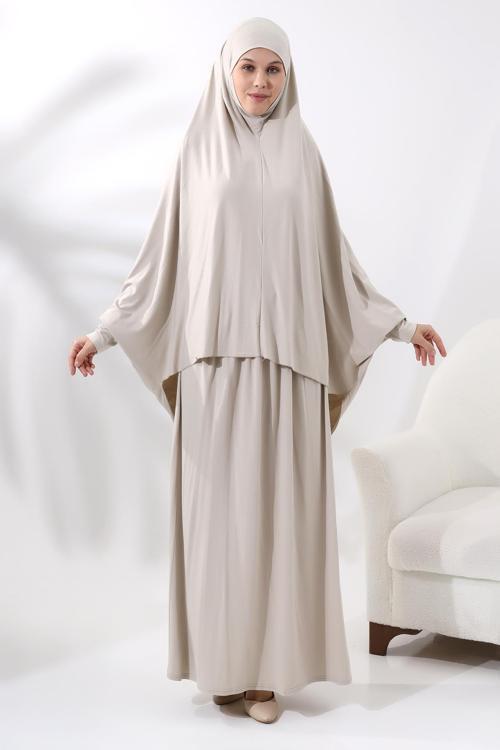 İki Parça Pratik Namaz Elbisesi 8016 Krem