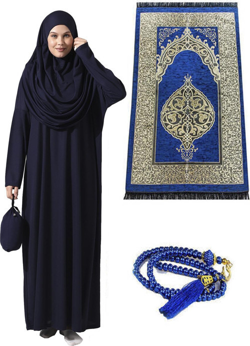 Tek Parça Namaz Elbisesi - Seccade - Tesbih - İbadet Seti - Lacivert