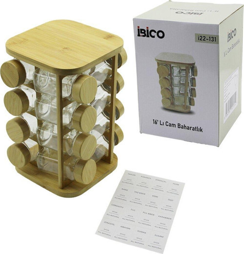 16PCS KARE - DÖNER STANDLI CAM - BAMBU KAPAK TUZLUK - BAHARATLIK BAMBU STAND (5314)