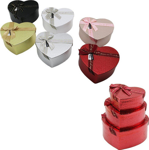 3PCS KALP PARLAK MİX RENKLİ - KABARTMA DESEN KARTON HEDİYE KUTUSU KURDELALI 22X20-19X17-16X14CM (5314)