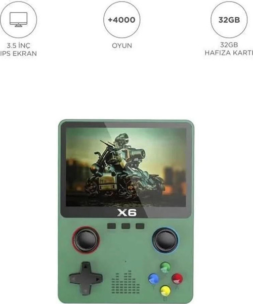 X6 Yeşil 4000+ Klasik Oyunlu 3.5 İnç IPS Ekran Kablosuz Atari Retro Oyun Konsolu