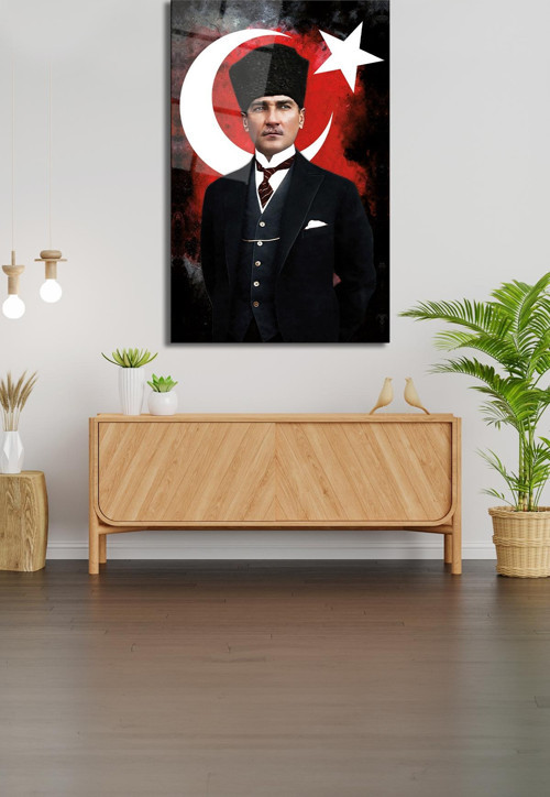 Atatürk Portresi Ve Türk Bayrağı Cam Tablo Ev Ofis Okul Duvar Dekoru, Hediyelik Büyük Tablo