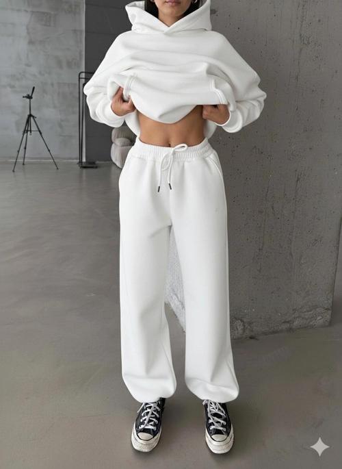 3 iplik şardonlu Lastik paça eşofman beyaz p510439