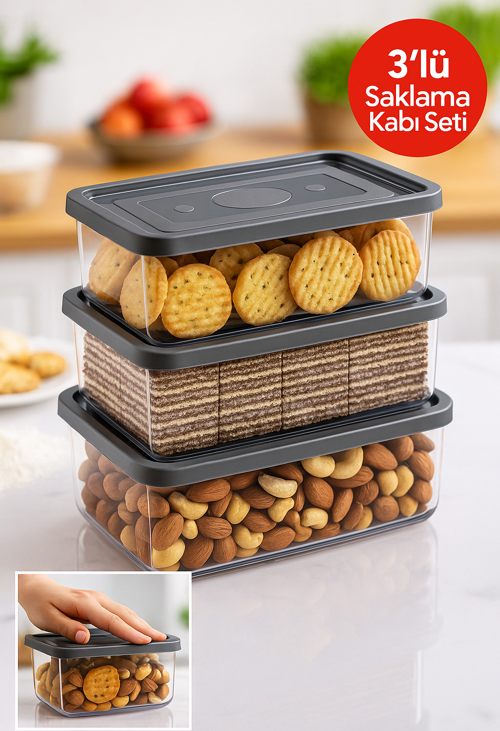 3’lü Saklama Kabı Seti 0.70L–1.0L–1.5L | Gri Kapak | Sızdırmaz, Buzdolabı Düzenleyici, Gıda Saklama