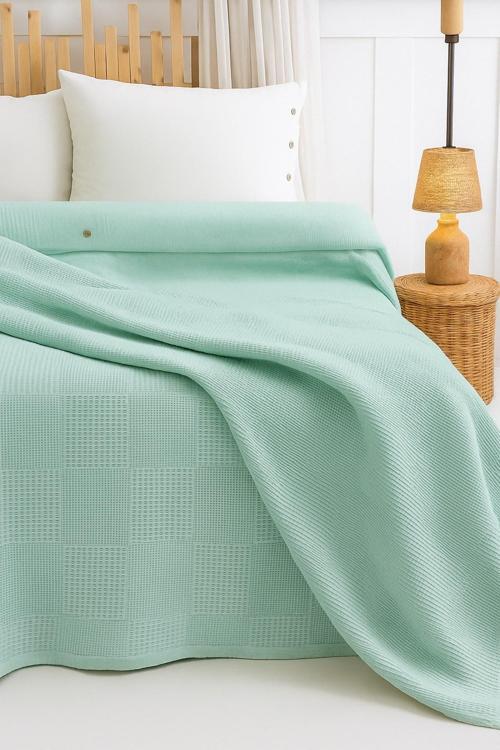 %100 Pamuklu Çift Kişilik Yatak Örtüsü Pike, Petek Desen Mint Yeşili Renkli Pike