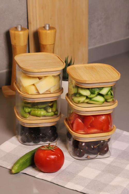 Duo 400ml 6'lı Bambu Vakumlu Kapaklı Cam Kahvaltılık Seti