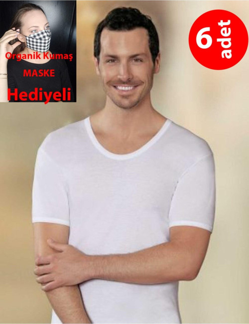 6 Adet Erkek Beyaz Kısa Kollu Bisiklet Yaka % 100 Pamuklu Penye Atlet Me001
