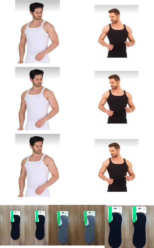 Erkek Beyaz-Siyah 6"Lı Ince Askılı Fitilli Kaşkorse Atlet 6 Adet Bambu Snekaer Çorap Hediyeli