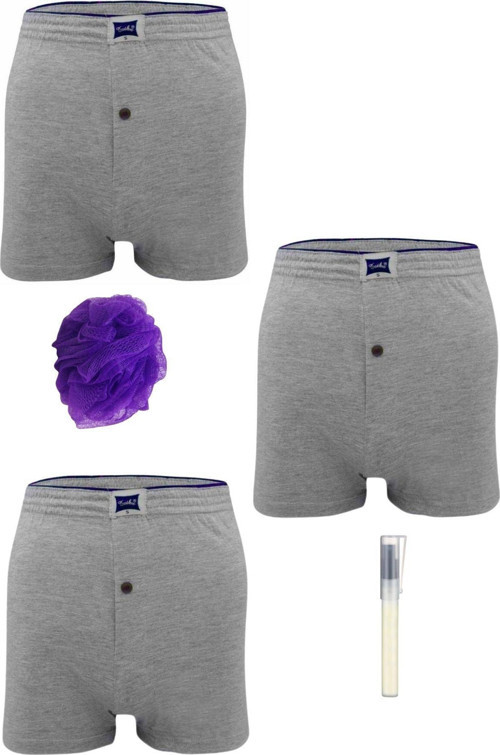 Pamuklu Düğmeli Gri Erkek Boxer *3'Lü Set + Kalem Parfüm + Lif