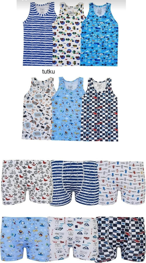 Erkek Cocuk Takımı 6 Adet Desenli Atlet 6 Adet Desenli Baskılı Boxer