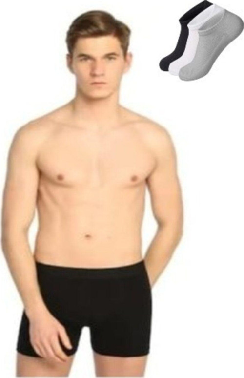 Erkek Likralı Elastan Boxer Siyah Renk 5'Li 3 Adet Çorap