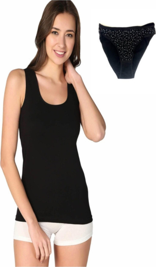 Kadın Siyah 3'Lü Paket Atlet & Desenli Bikini