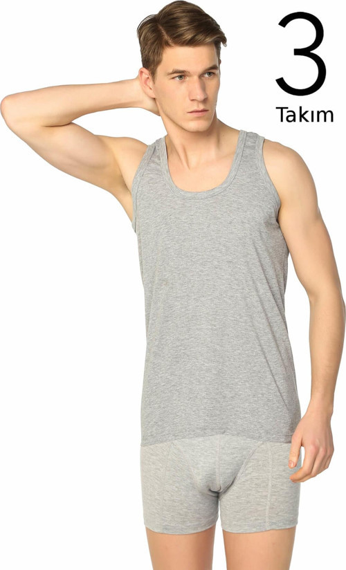Erkek Gri 3'Lü Paket Ribana Atlet Likralı Boxer Takım Elf568T01020114Ccm3