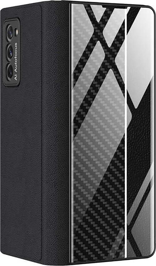 Samsung Galaxy Z Fold 2 Kılıf Carbon Fiber BookStyle Siyah