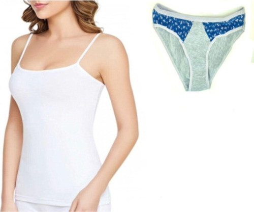 Kadın Elastan Ip Askılı Beyaz Atlet 3'Lü Paket & 3'Lü Desenli Bikini