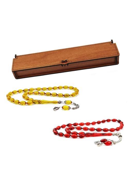 Ahşap Kutusunda Darabacı Malzeme 2 Adet Sıkma Kehribar Tesbih