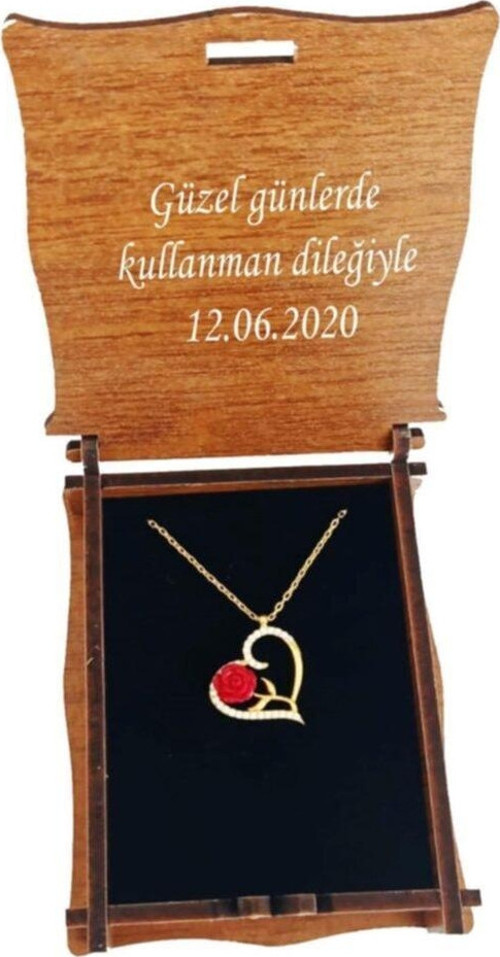 Notlu Ahşap Kutusunda 925 Ayar Gümüş Kalpli Sarı Gül Kolye