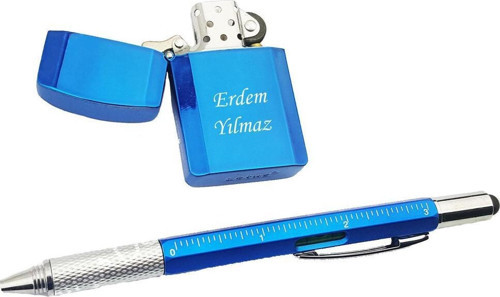 İsme Kişiye Özel Lacivert Lotus Çakmak ve Roller Kalem Seti