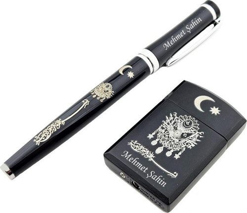 İsme Kişiye Özel Osmanlı Devlet Arması İşlemeli Çakmak Kalem Seti
