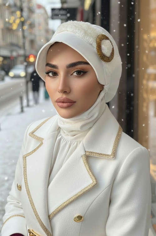 Beyaz Gold Tokalı Tesettür Şapka